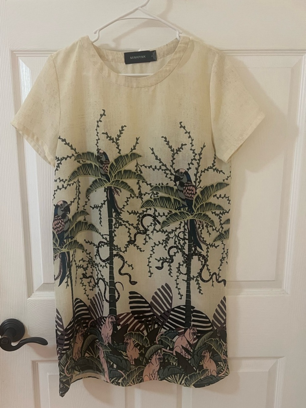 MINKPINK Beige Tropical Parrot Shift Dress with Green and Pink Accents